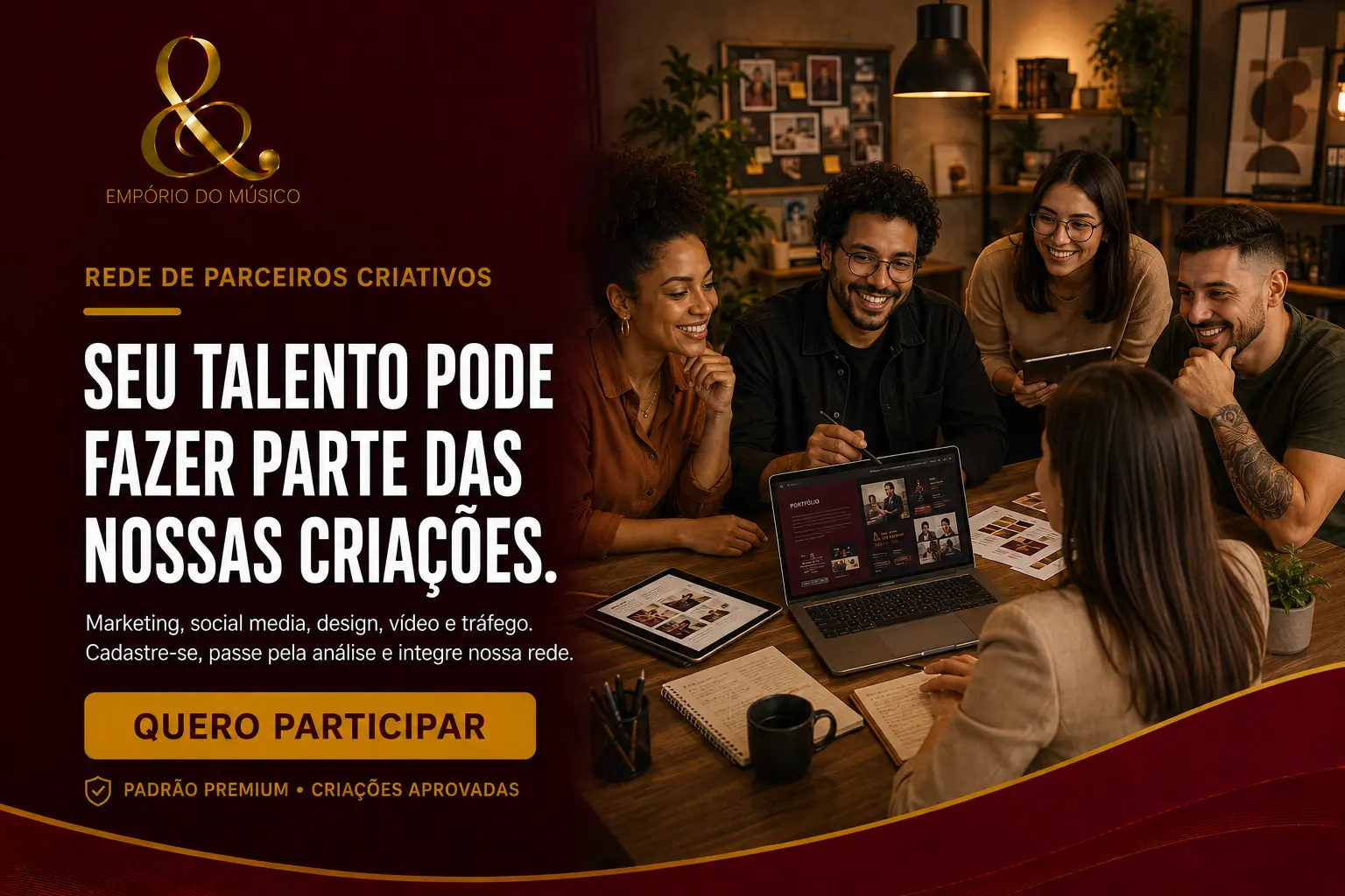 Profissionais criativos apresentando portfólio e planejamento